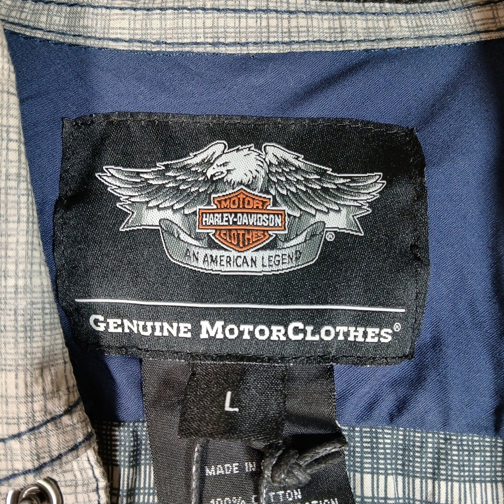 Harley Davidson Western Shirt Mens L Grey Plaid Pearl Snap 100% Cotton - Picture 3 of 10